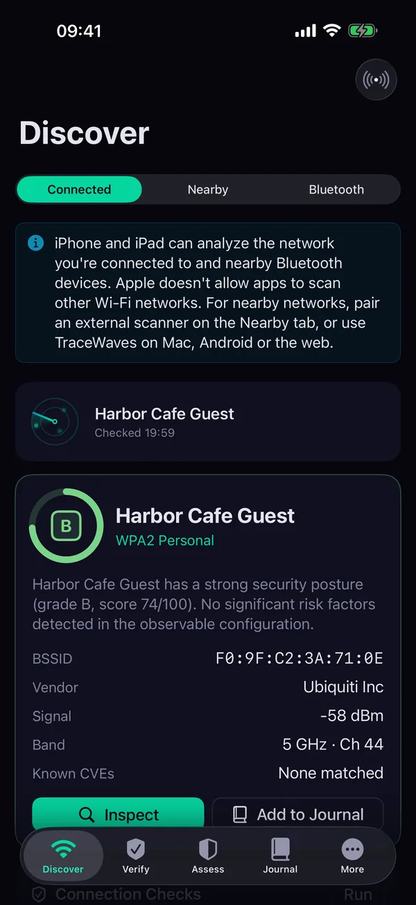 TraceWaves on iPhone: the connected network with a B grade, its security mode, address, vendor, signal and band.