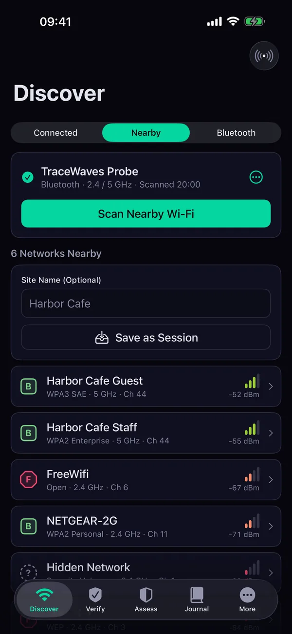 TraceWaves on iPhone: six nearby networks listed by a paired external scanner, each with a grade, security mode and signal.
