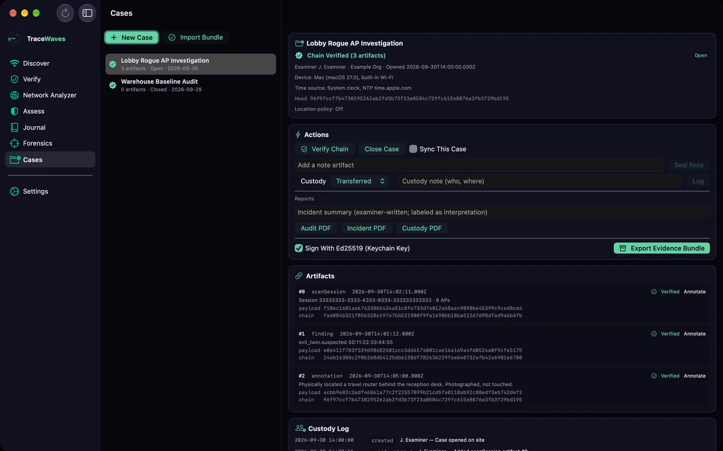 TraceWaves on Mac: a forensic case with a verified chain of three artifacts, custody log and export options.